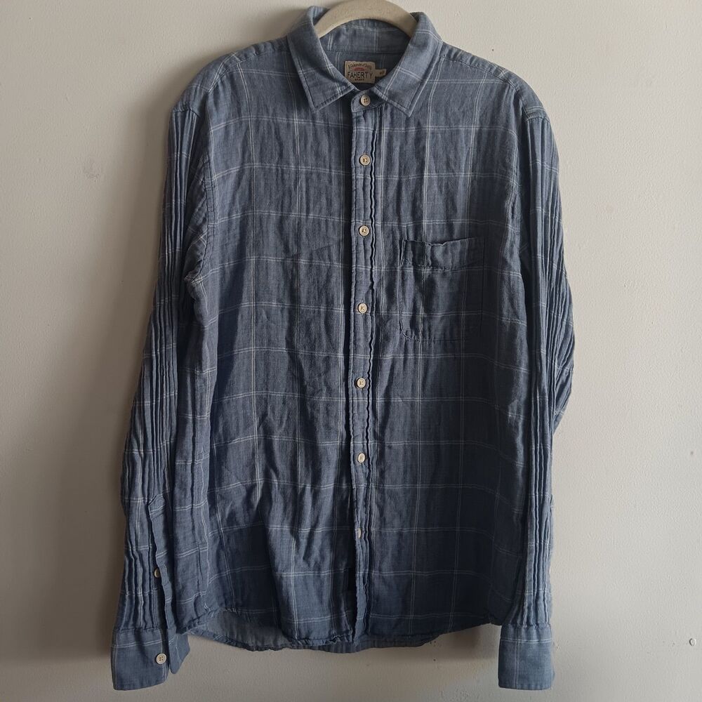 Faherty Mens Plaid Long Sleeve Button Down Shirt Sz M Cotton Light Blue Classic